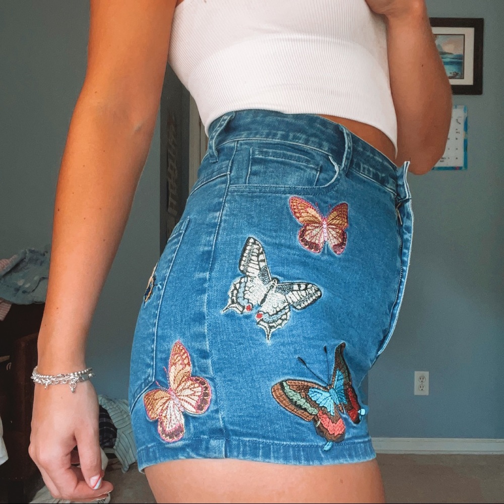 Embroidered Butterfly Jean Shorts